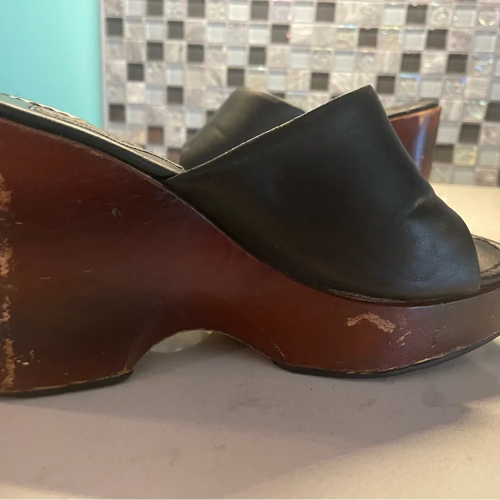 Vintage Steve Madden Jessie Wedge Black Leather & Dark Cherry Wood Size 5
